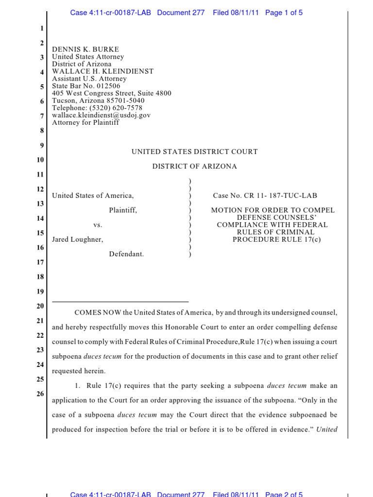 UNITED STATES DISTRICT COURT DISTRICT OF ARIZONA Subpoena Subpoena