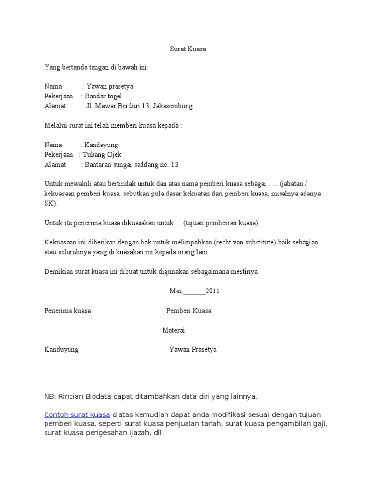 Contoh Surat Kuasa