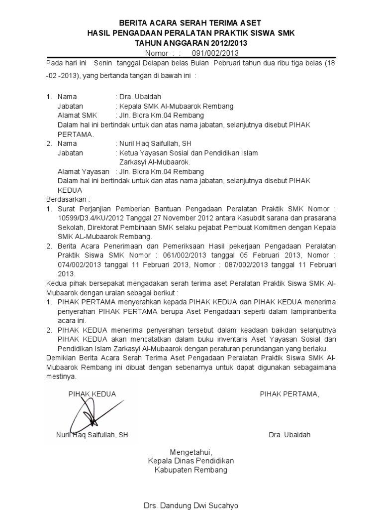 Berita Acara Serah Terima Aset Kop pada berita acara kegiatanrapat ini sama persis dengan kop surat yaitu berisi antara lain nama instalasi alat instalasi nomer telephone fax email dan lain-lain yang merupakan informasi tentang instalasi tersebut.