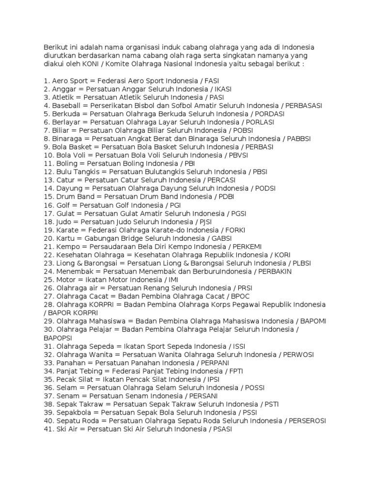 Berikut Ini Adalah Nama Organisasi Induk Cabang Olahraga Yang Ada Di Indonesia Diurutkan Berdasarkan Nama Cabang Olah Raga Serta Singkatan Namanya Yang Diakui Oleh Koni Pdf