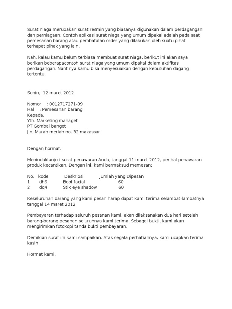 Contoh Surat Niaga Pemesanan Barang