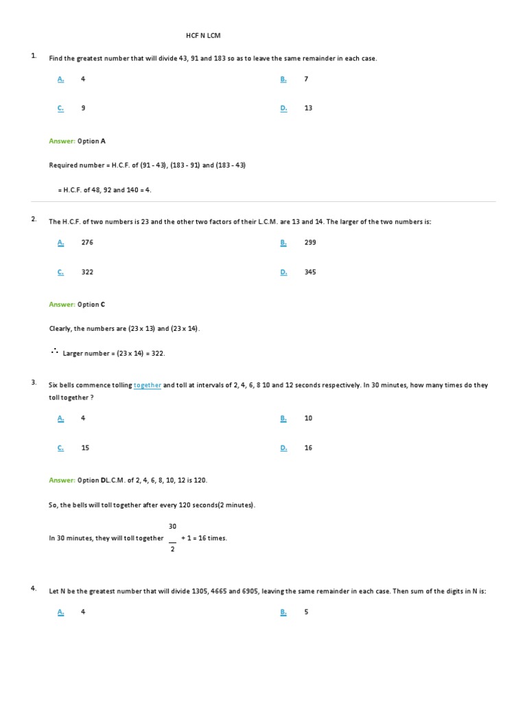 HCF and LCM Problems and Solutions | PDF | Mathematical Objects ...