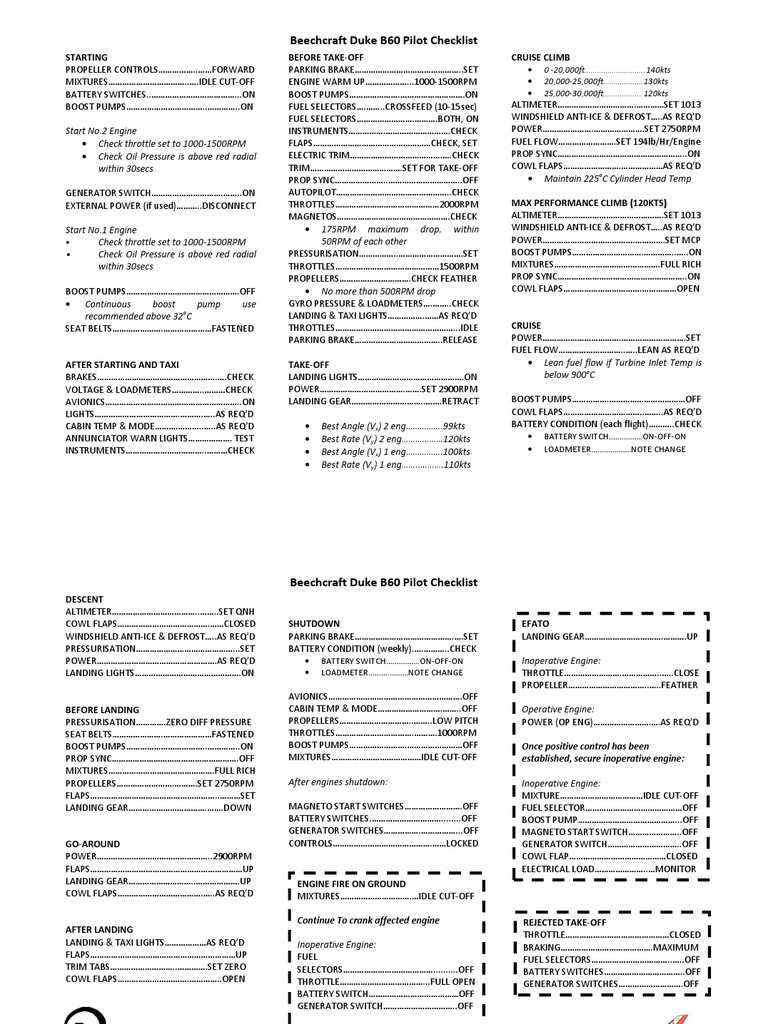 Beechcraft Duke B60 Pilot Checklist | PDF | Turbocharger | Throttle