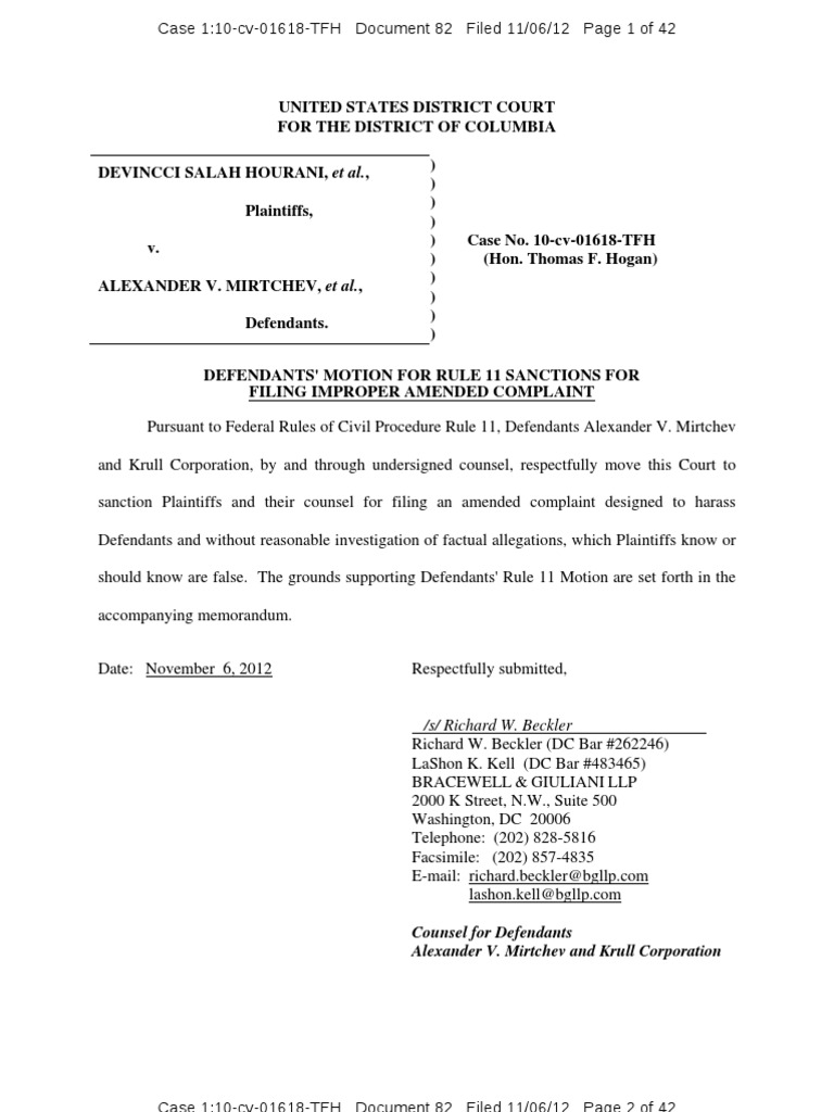 Motion for Rule 11 Sanctions of Plaintiffs D and I Hourani for Filing