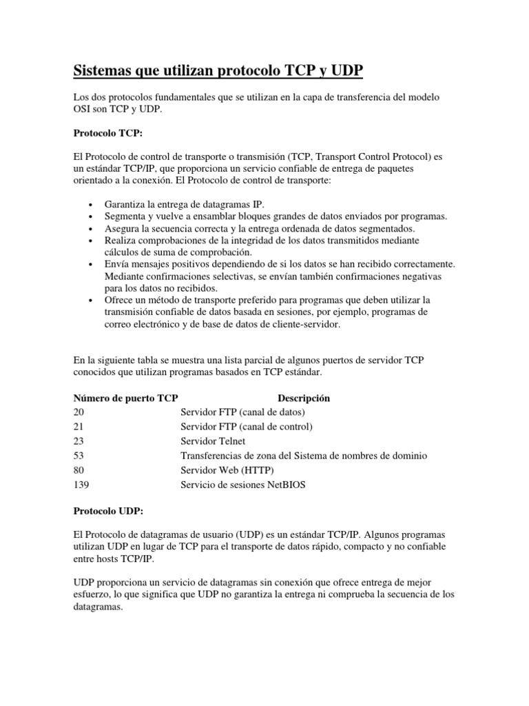 Comparativa de Protocolos TCP y UDP | PDF | Protocolo de Control de ...