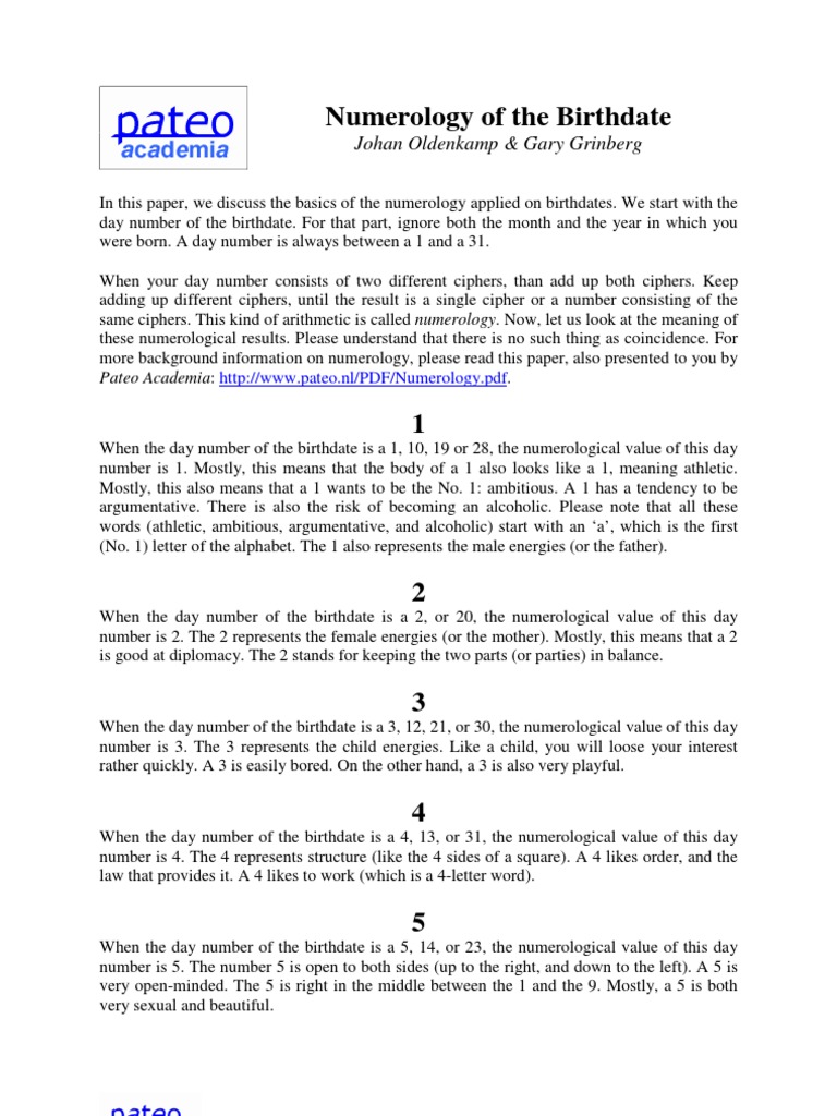Johan Oldenkamp & Gary Grinberg - Birthdate (Numerology) | PDF