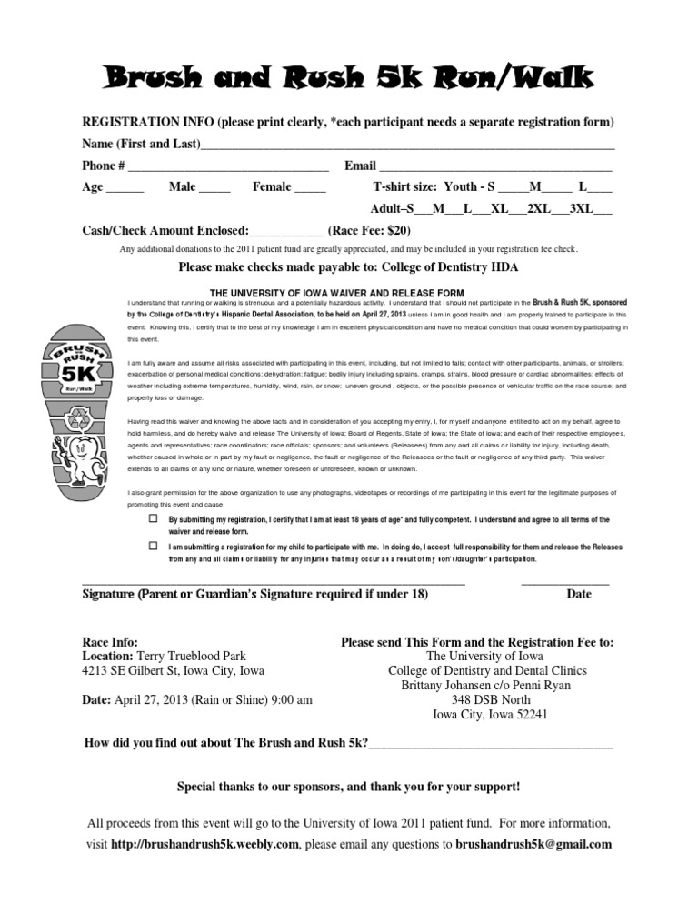 Registration Form Brush and Rush 5k | PDF | Indemnity | Law Of Agency