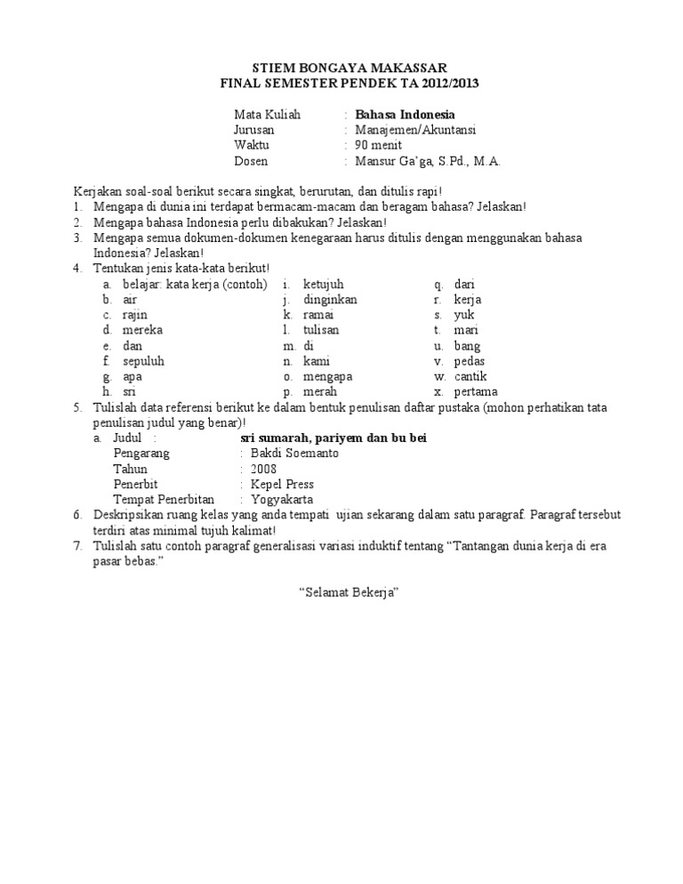 Contoh Soal Sp Stiem Bongaya Makassar
