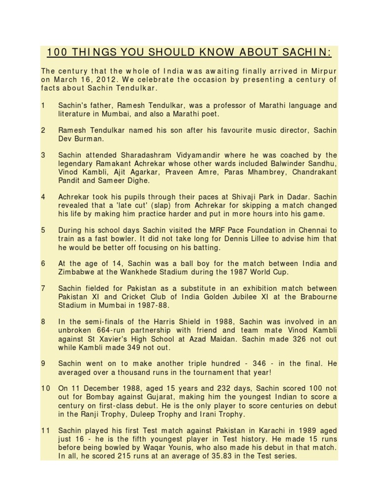100 Facts About Sachin | PDF | International Cricket Competitions | One ...