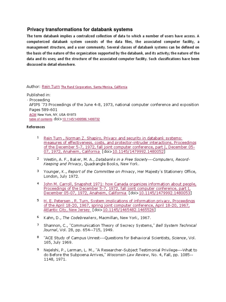 Privacy Transformations For Databank Systems PDF Cryptography