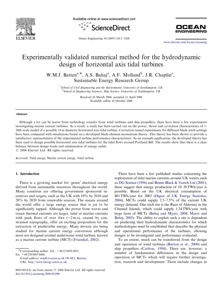 Hydrodynamic Design of Tidal Turbines | PDF | Tide | Turbine
