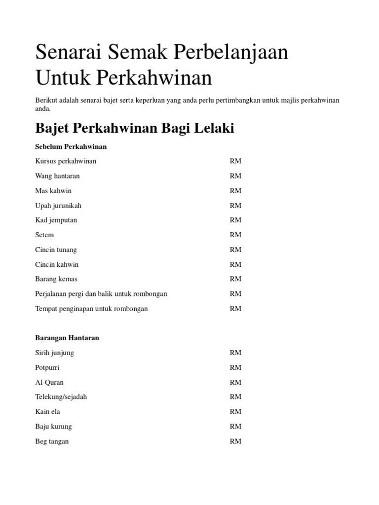 Senarai Bajet Kahwin Pdf