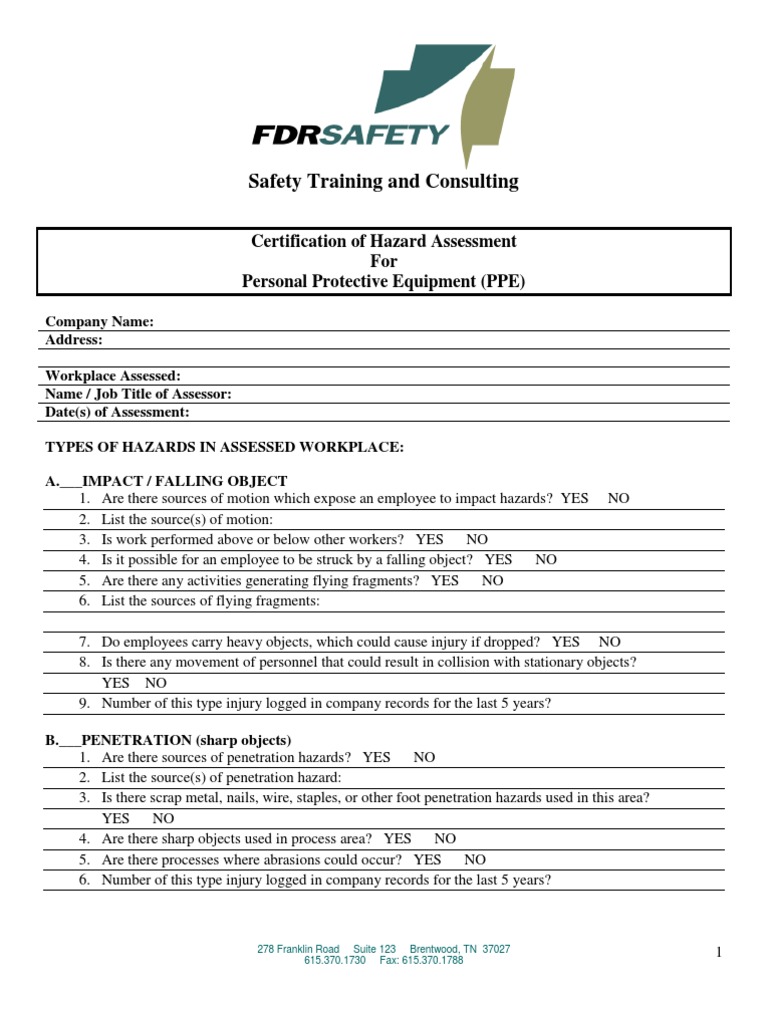 Safety Training and Consulting Certification of Hazard Assessment For
