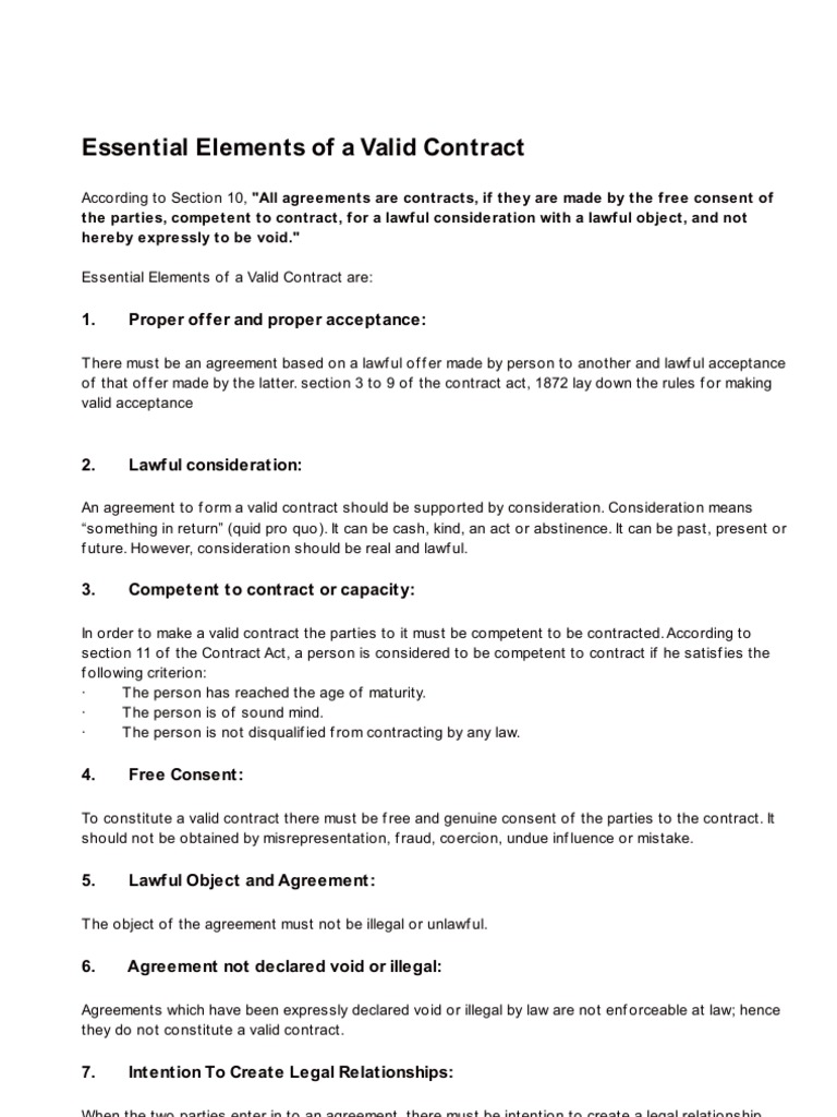 Essential Elements of a Valid Contract Legal Documents Business Law