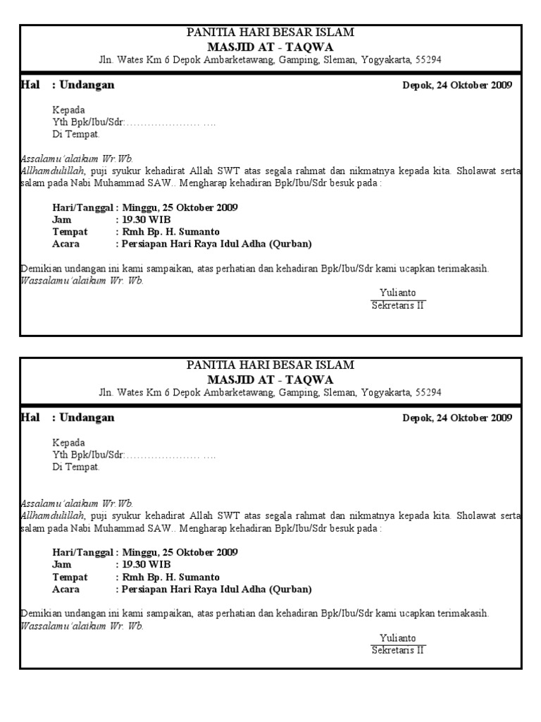Surat Undangan Qurban Idul Adha