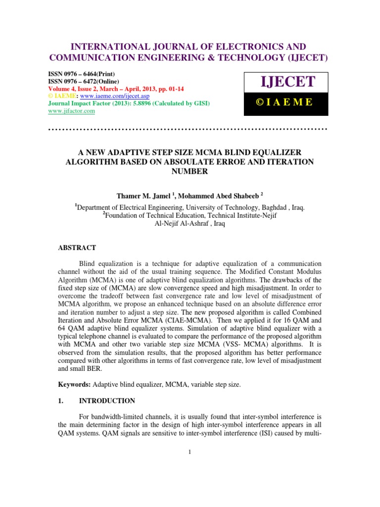 A New Adaptive Step Size Mcma Blind Equalizer Algorithm Based On ...
