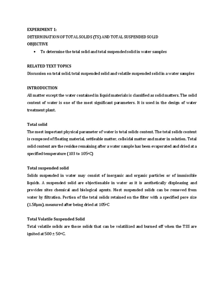 Total Suspended Solids Analysis Guide | PDF | Filtration | Solid