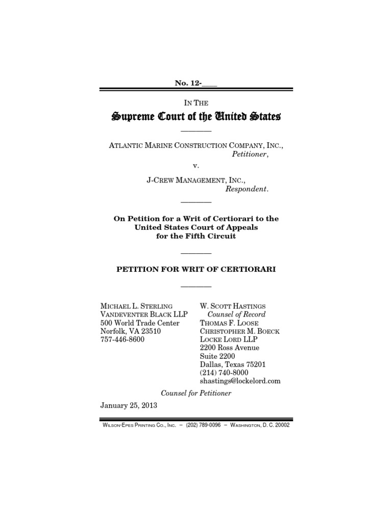 Atlantic Marine Construction Co v J Crew Management No 12 929