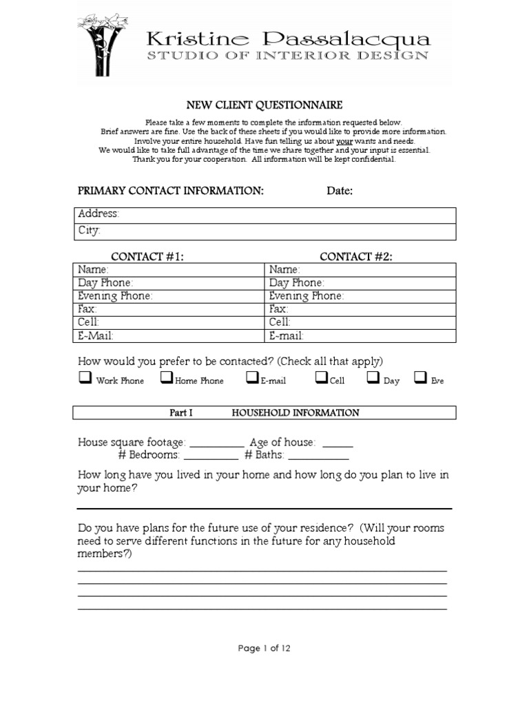 New Client Questionnaire Form | PDF | Kitchen | Green
