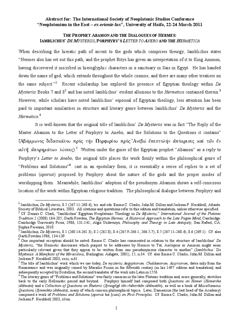 Abamon and Iamblichus' Mystical Dialogues | PDF | Neoplatonism ...