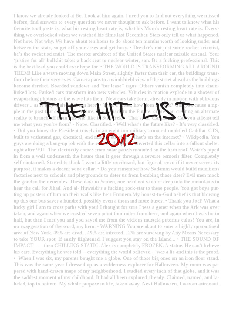 2012 Hit List of Spec Screenplays | PDF | Screenplay | Leisure