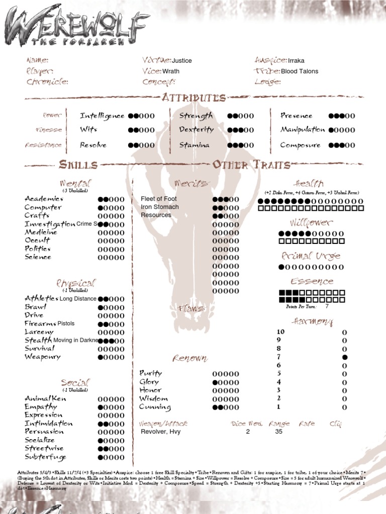 Werewolf Character Sheet Template | PDF | Role Playing Games | Leisure