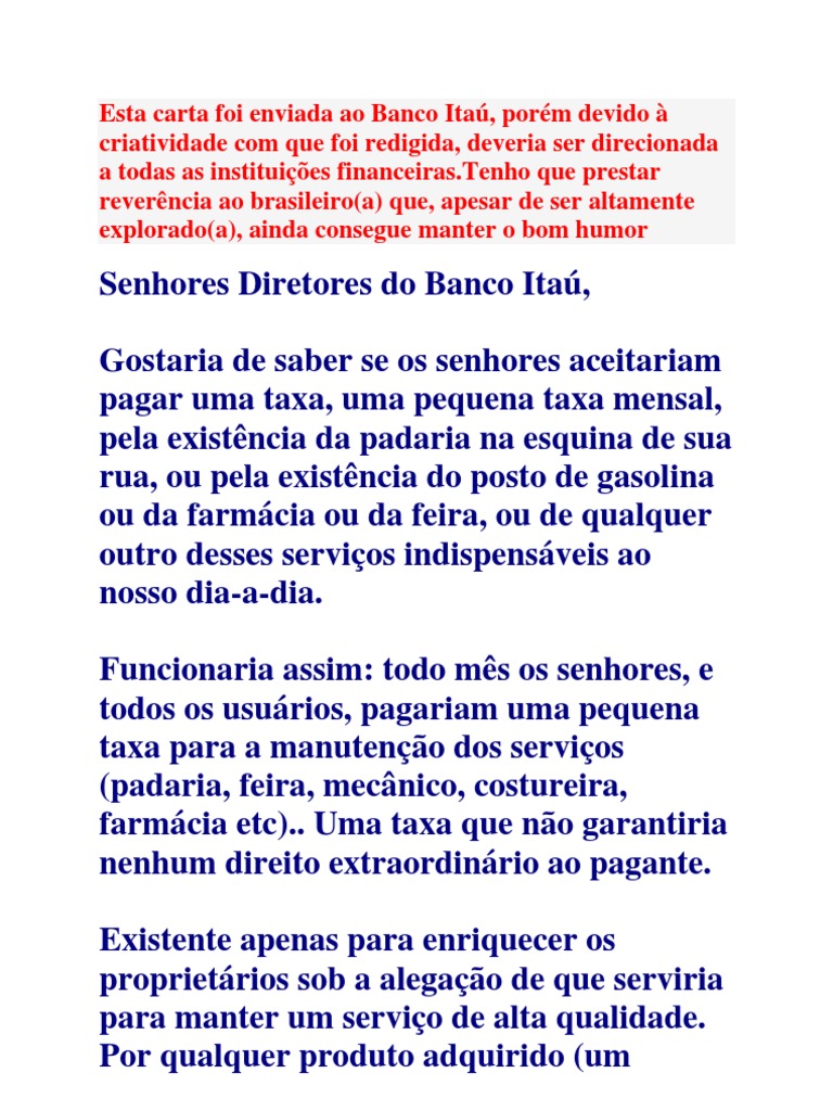 Esta Carta Foi Enviada Ao Banco Itaú  Conta de Transação  Interesse
