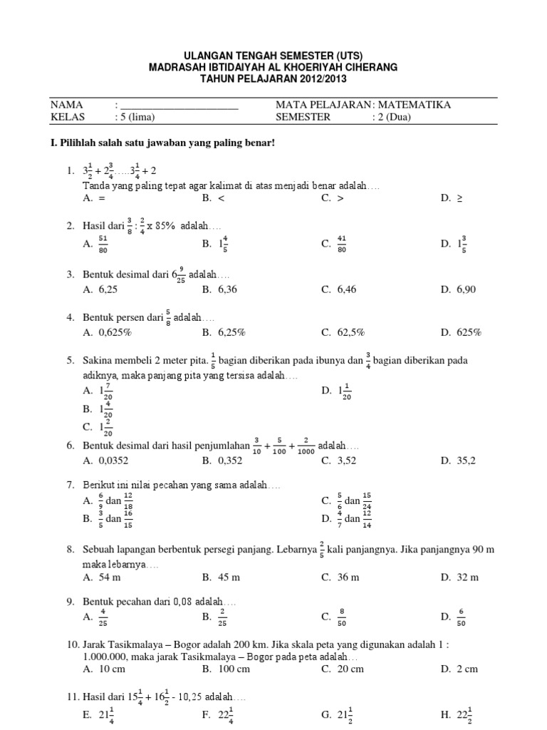 Soal Uts Matematika Kelas 5 Semester 2 Pdf