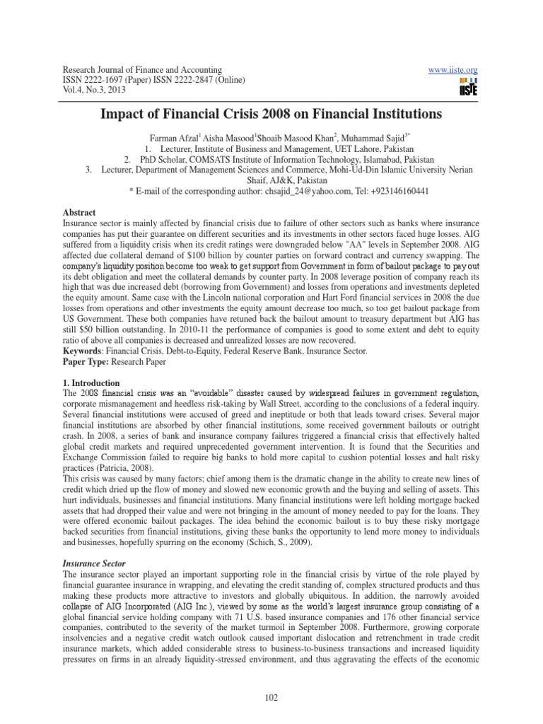Impact Of Financial Crisis On Financial Institutions