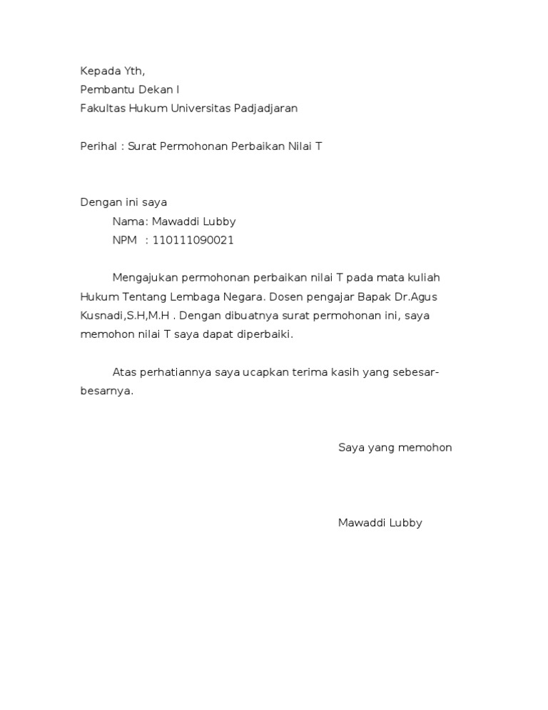 Contoh Surat Perbaikan Nilai Mata Kuliah