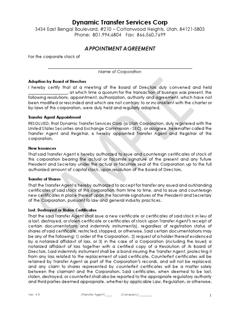 Transfer Agent Appointment Agreement | PDF | Law Of Agency | Uniform ...