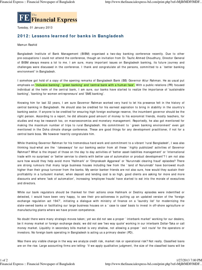 2012 Lessons Learned For Banks in Bangladesh | PDF | Banks | Automated ...