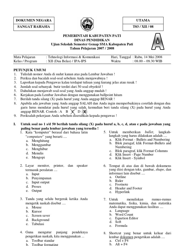 Soal Ujian Sekolah Tik Xii A