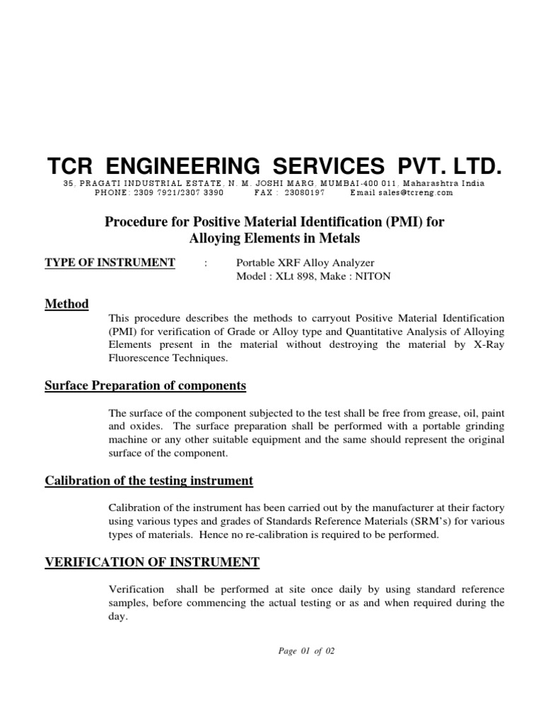 Procedure for Positive Material Identification Pmi Alloy Scientific