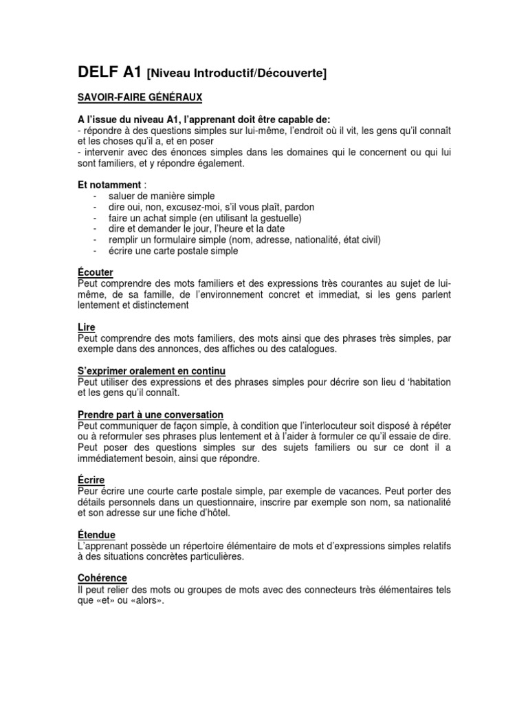 Delf A1 Af Syllabus Content Topics