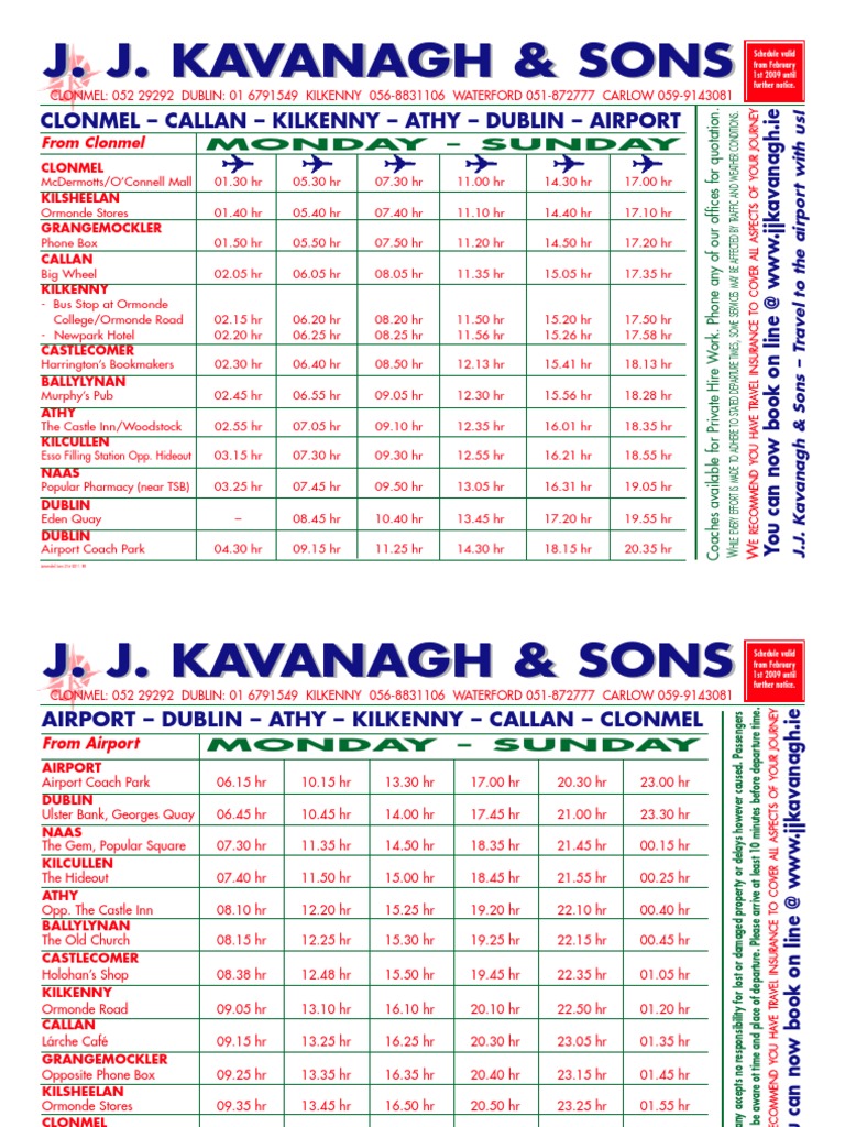 Clonmel to Dublin Airport bus Timetable Public Services Transport