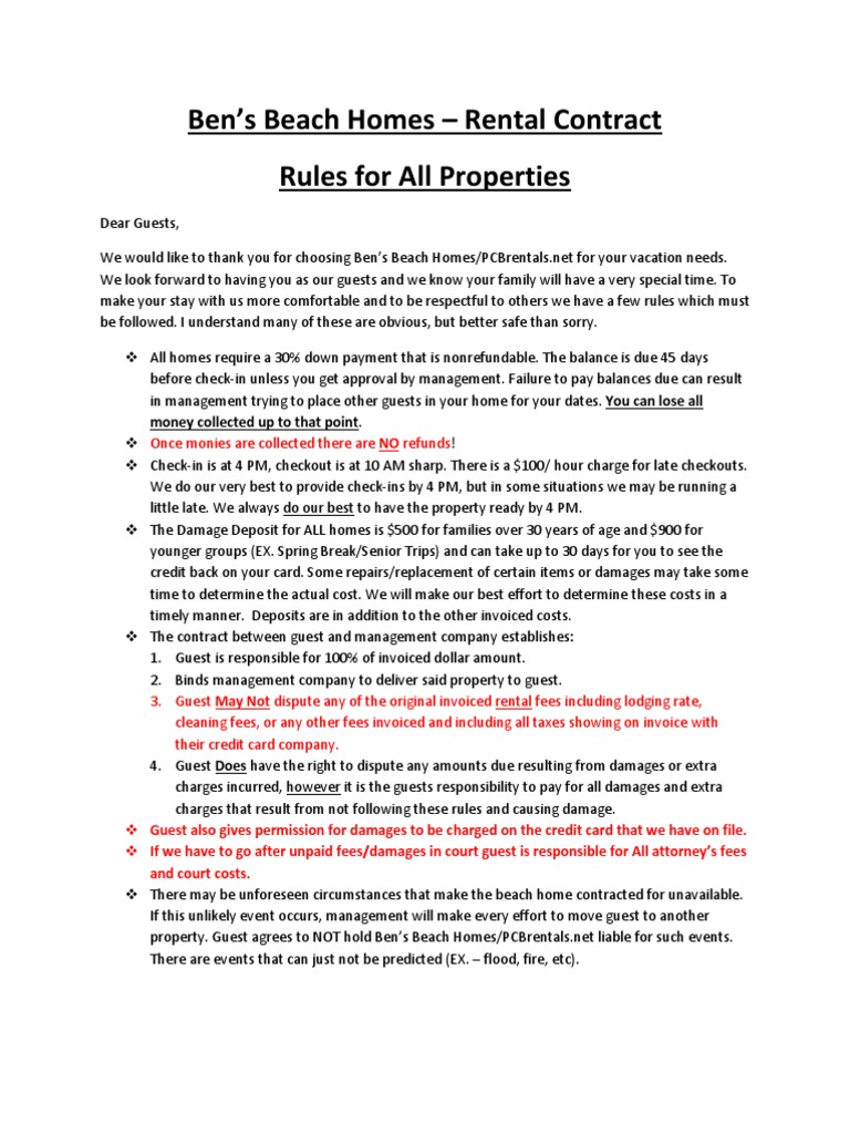 Rules/Policies for ALL Homes Fee Renting