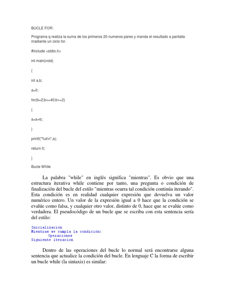 Ejemplos de Bucles For y While en C | PDF | Lenguaje de programación | Suma