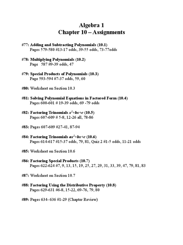 Algebra 1 Chapter 10 Polynomial Assignments | PDF