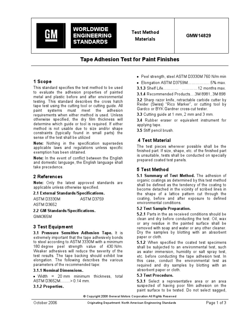 Worldwide Engineering Standards Tape Adhesion Test For Paint Finishes