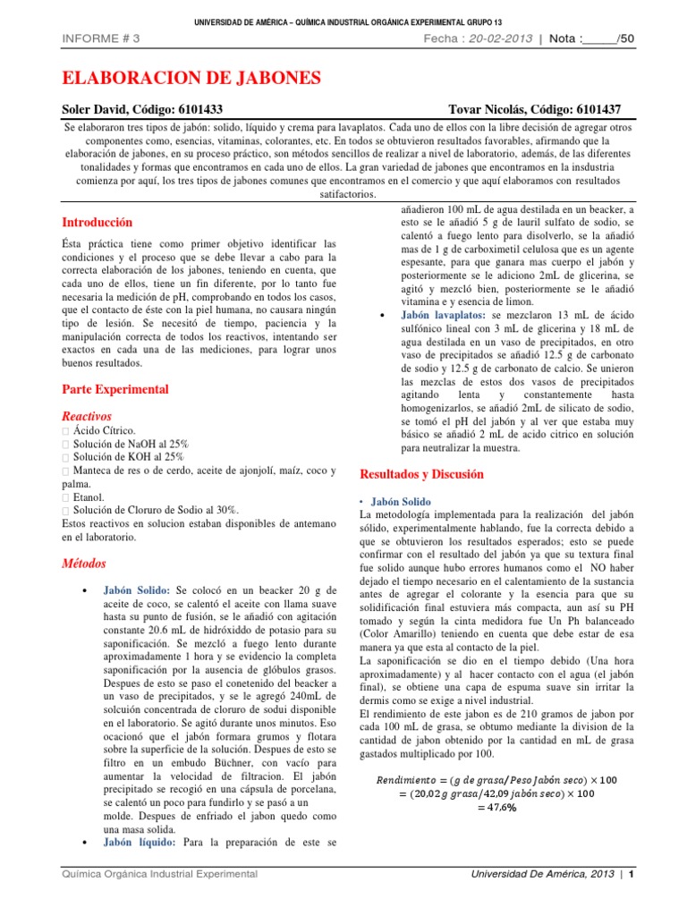 Informe 3 Elaboración de Jabones Tensioactivo Jabón