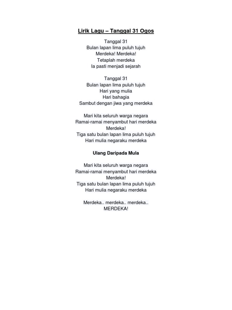 26+ Lirik lagu 31 ogos info