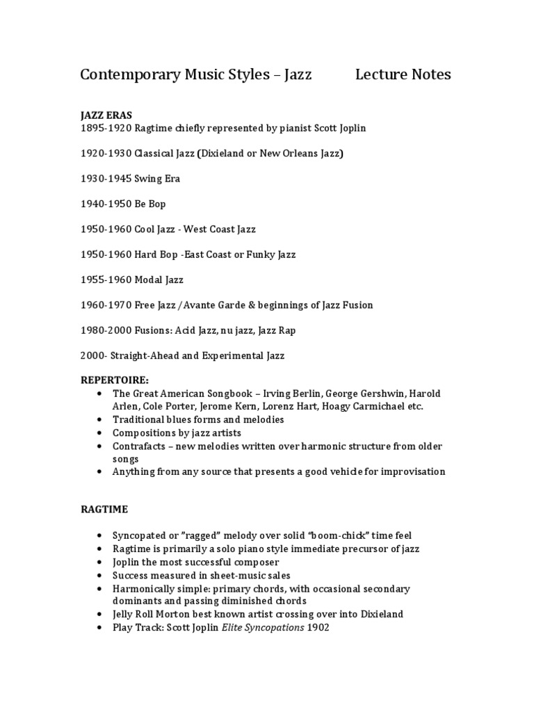 Contemporary Music Styles - Jazz Lecture Notes | PDF | Jazz | Music Theory