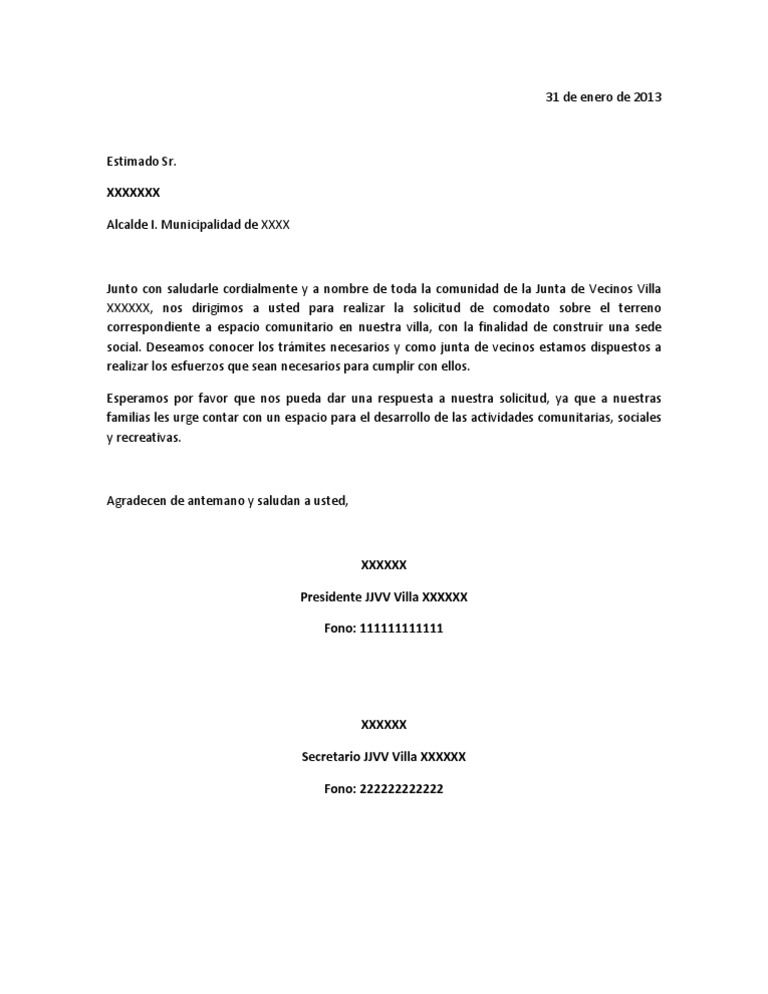 Modelo carta solicitud municipalidad