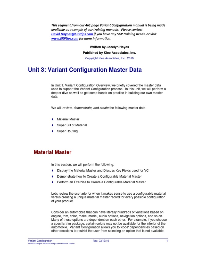 ERPtips SAP Training Manual SAMPLE CHAPTER From Variant Configuration ...