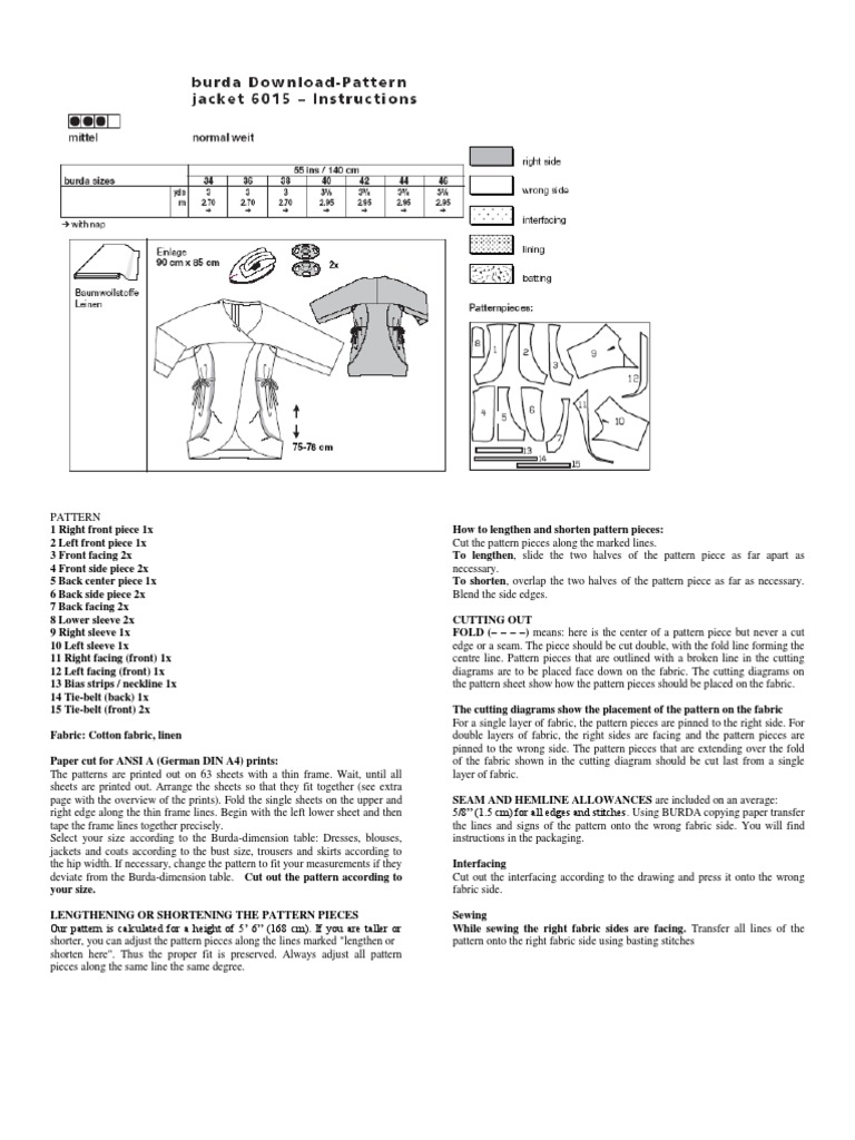 Jacket Sewing Pattern Instructions | PDF | Seam (Sewing) | Sewing