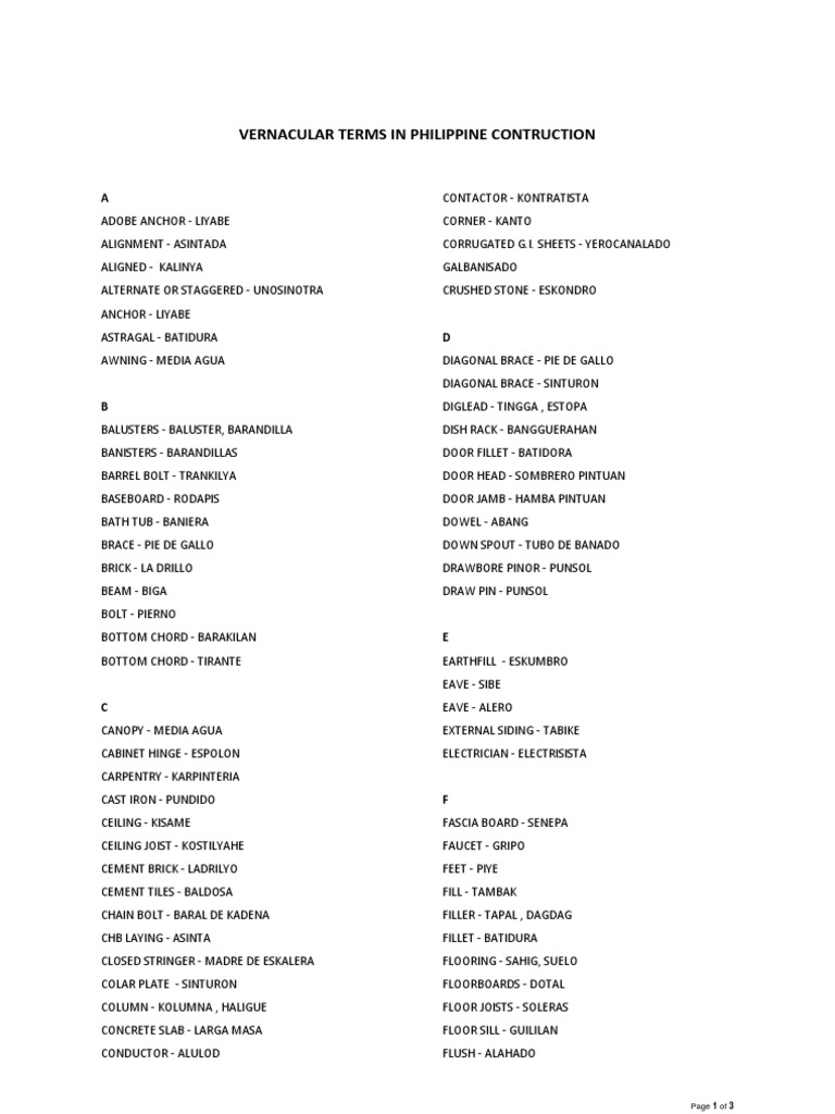 Filipino Construction Vernacular Terms | PDF | Horticulture And ...
