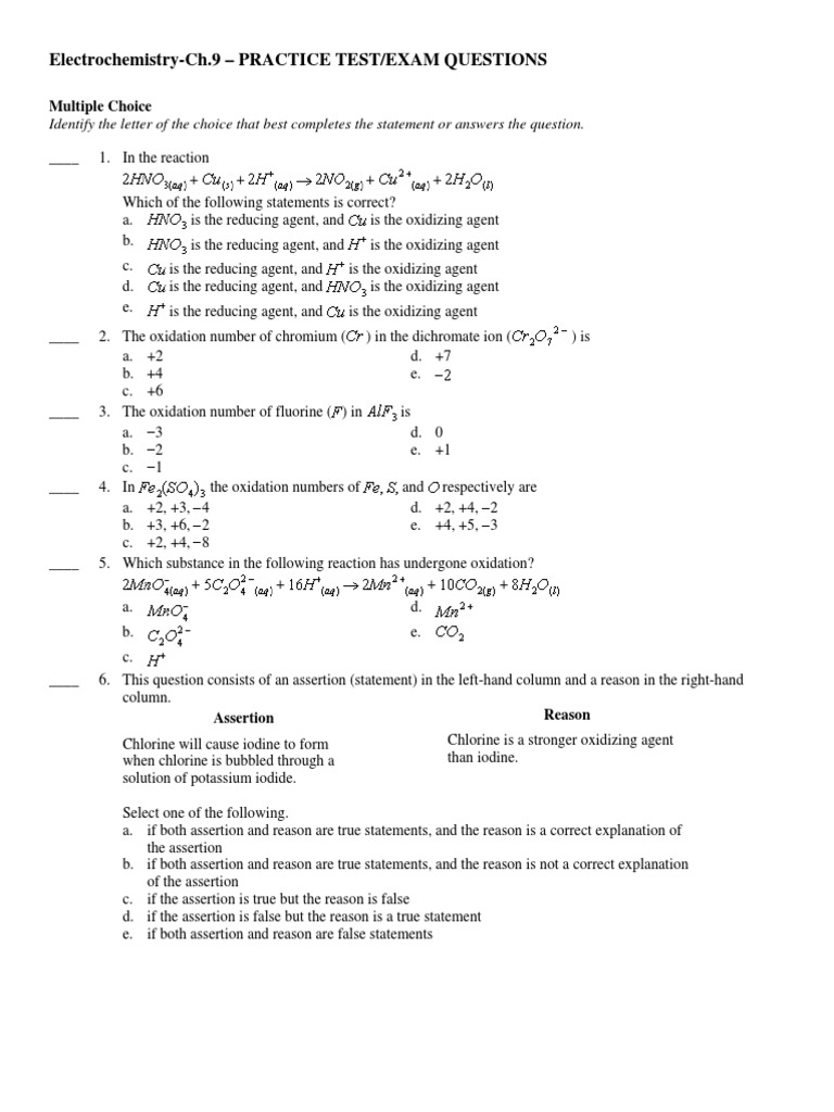 Electrochemistry Practice Test Questions | PDF | Redox | Electrochemistry