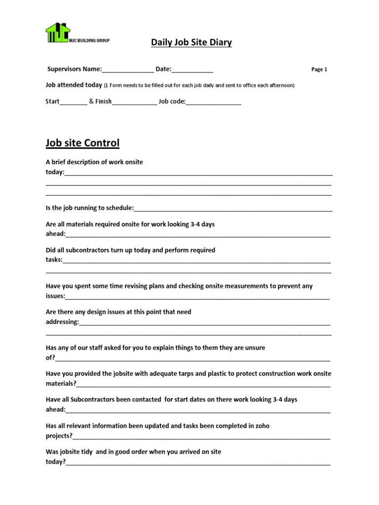 Daily Job Site Supervision Diary | PDF