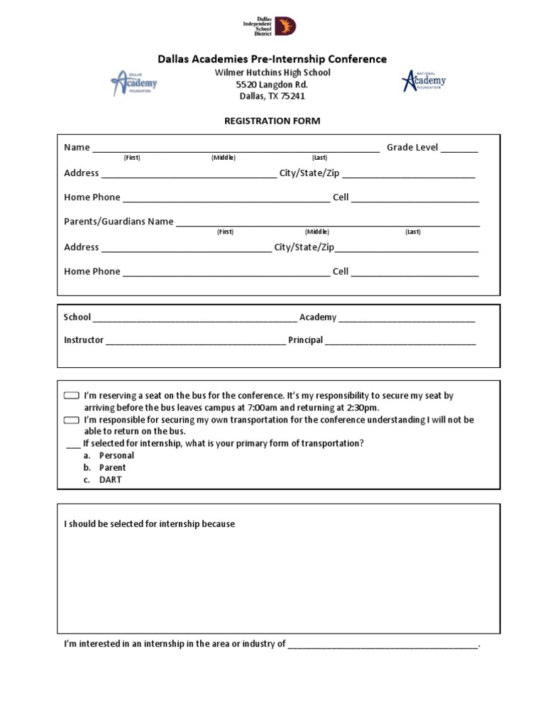 Dallas Academies Pre-Internship Registration | PDF | Self-Improvement ...